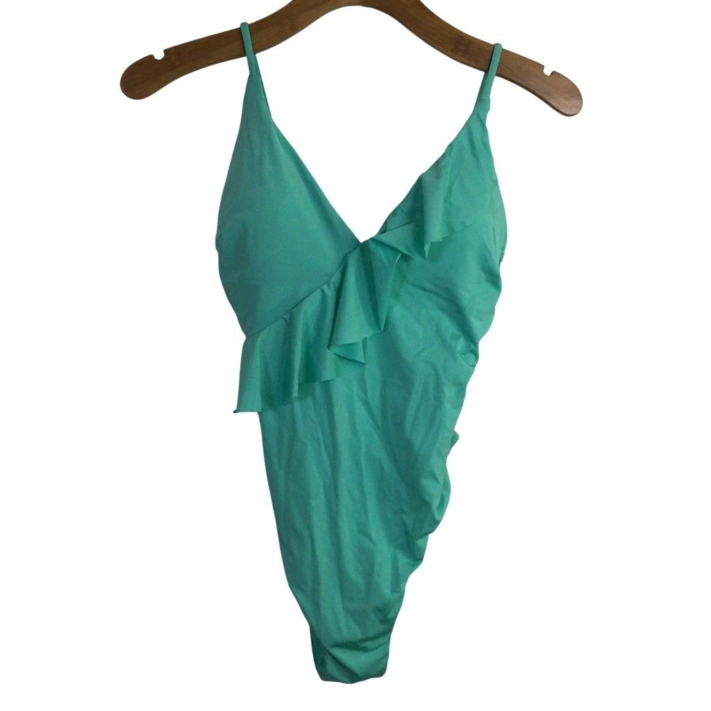 Trina Turk Womens Ruffle Hi Leg Cheeky One Piece V-Neck Swimsuit Aqua 10 Nwt